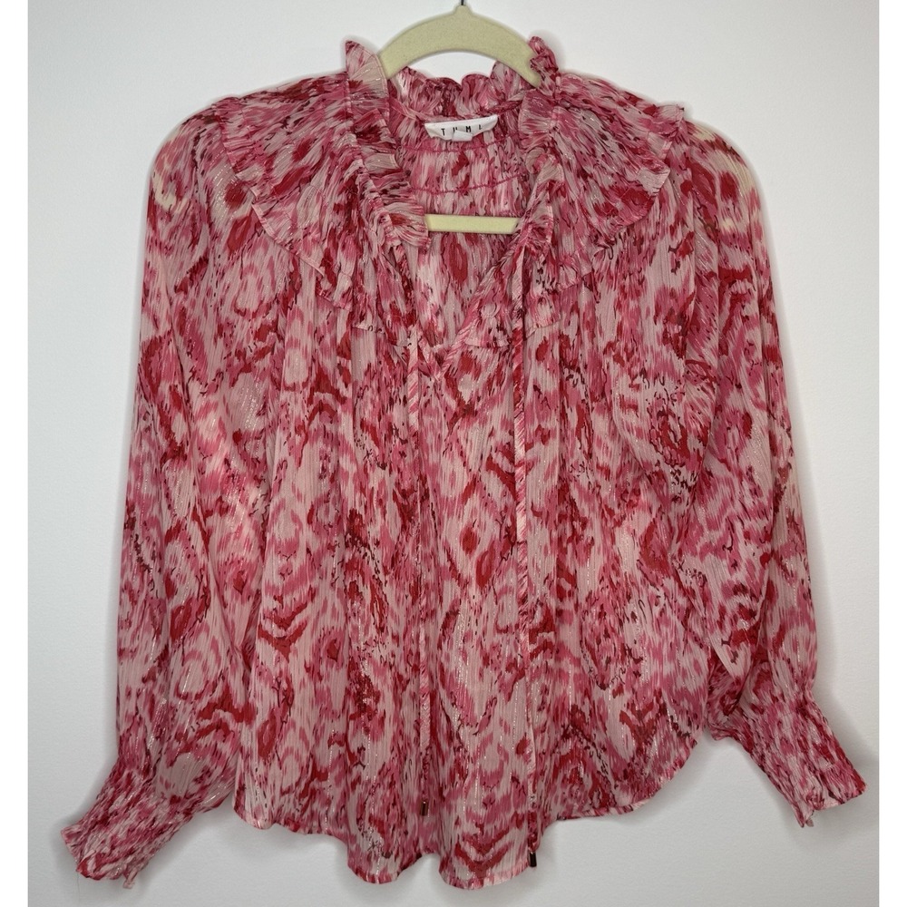 THMLTop‎ Women's Small Pink Ruffle Neck Blouse Lightweight Romantic Feminine